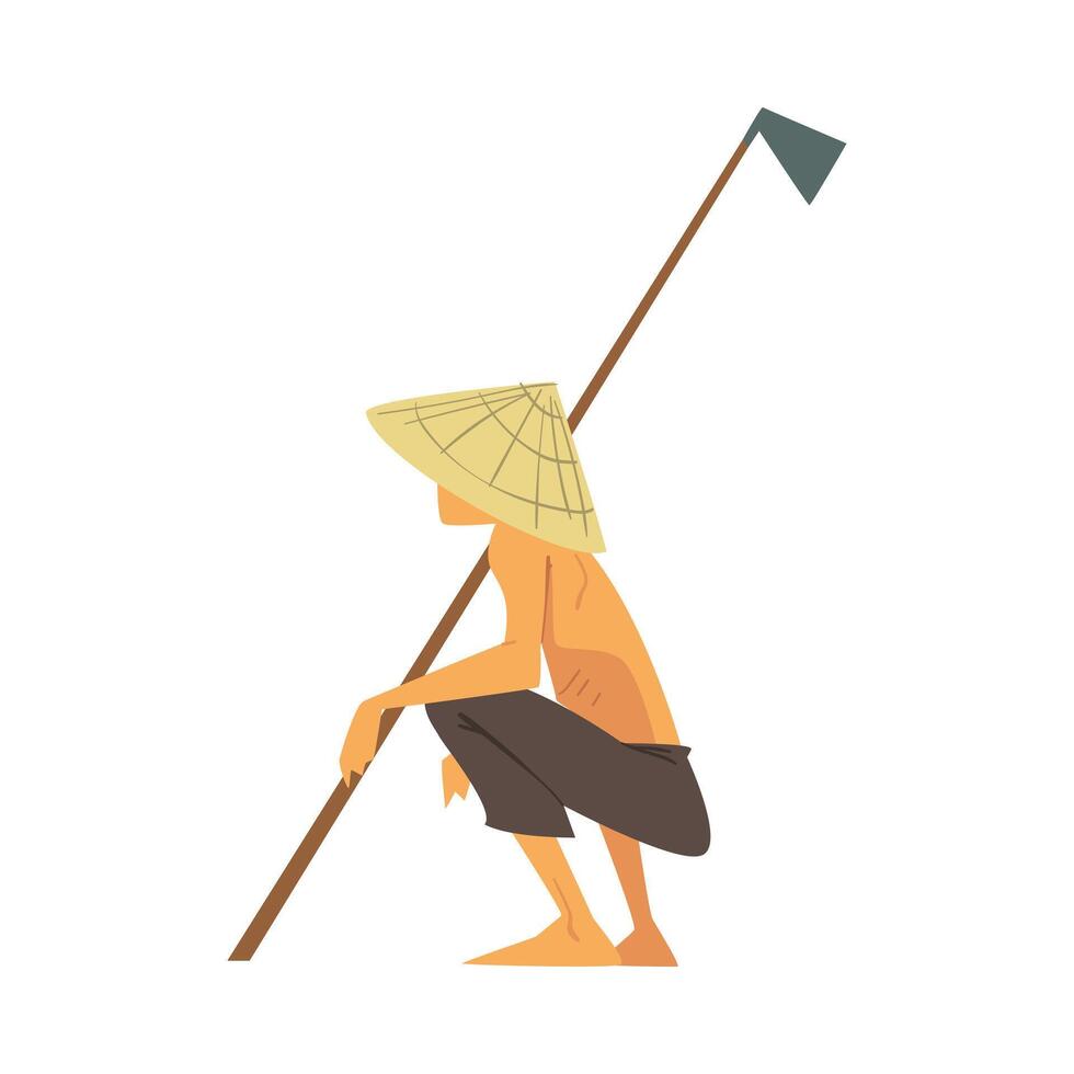 Asian Farmer in Straw Conical Hat Squatting with Hoe Cartoon Style Illustration on White Background vector