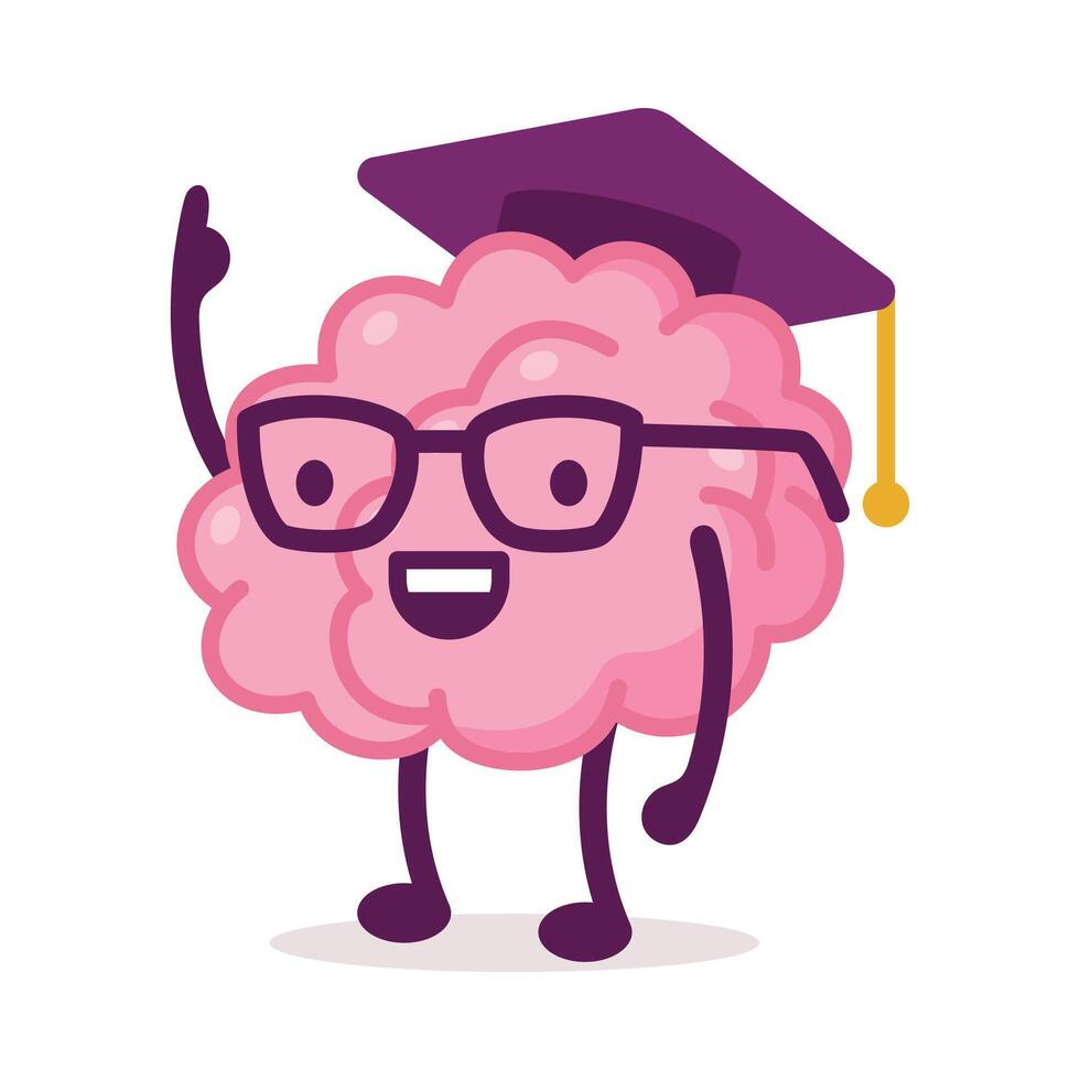 Smart Pink Brain Wearing Mortarboard Graduation Cap with Tassel, Funny Human Nervous System Organ Cartoon Character Illustration on White Background vector