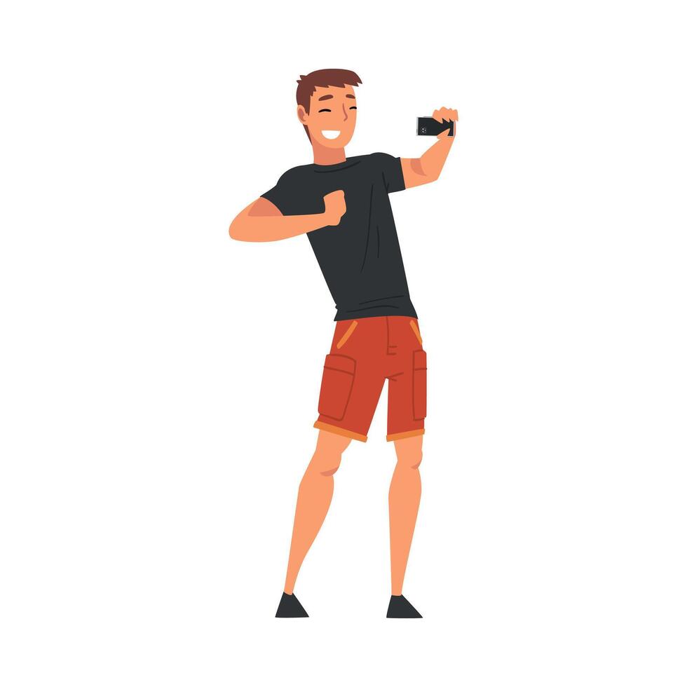 Smiling Man Wearing Black Tshirt and Shorts Taking Selfie Photo, Male Character Photographing Himself with Smartphone Cartoon Illustration vector