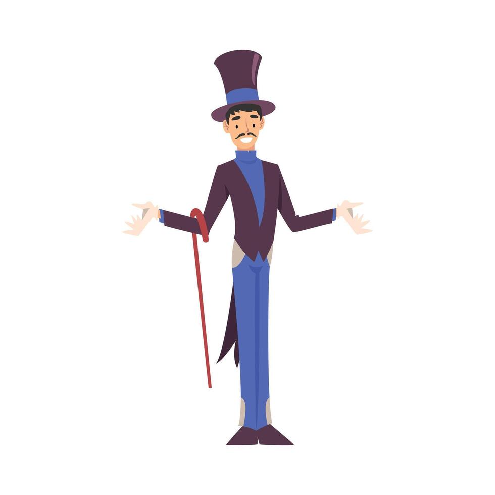 Magician Standing with Cane, Illusionist Character in Tailcoat and Top Hat Performing at Magic Show Cartoon Style Illustration vector