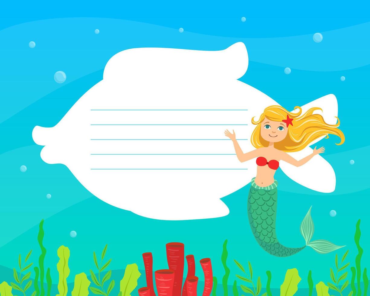 Cute Little Fairytale Mermaid with White Blank Lined Speech Cloud in the Shape of Fish Illustration vector