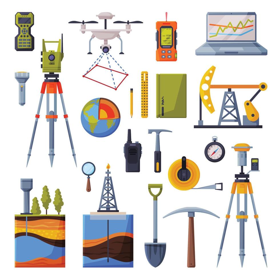 Geodesy Equipment Collection, Geodetic Engineering Instruments and Devices Flat Style Illustration on White Background vector
