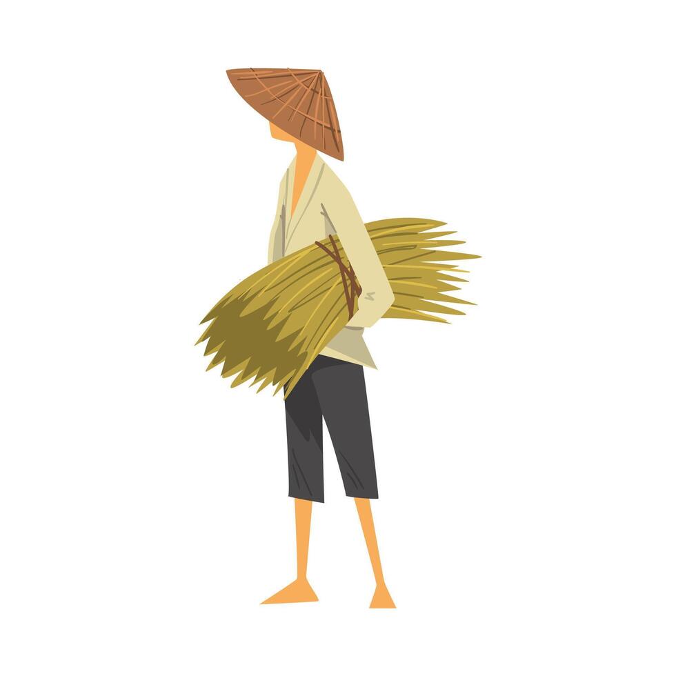 Asian Farmer in Straw Conical Hat Carrying Bundle of Rice Ears Cartoon Style Illustration on White Background vector