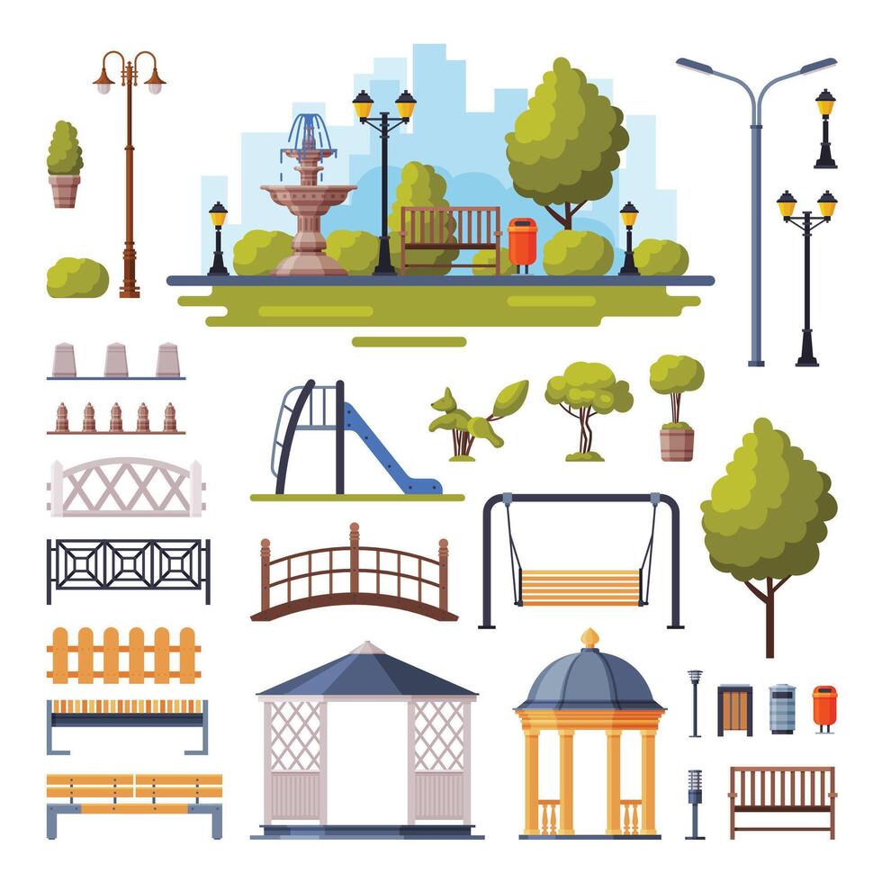 Urban Infrastructure Design Elements Collection, City Public Park Objects Flat Style Illustration on White Background vector