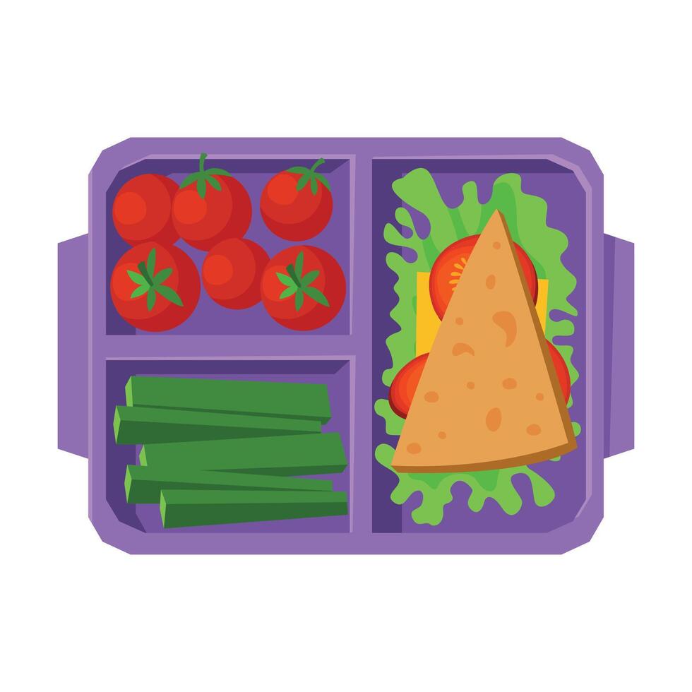 Meal Tray Filled with Sandwich, Tomatoes and Cucumbers, Healthy Food For Kids And Students, View from Above Flat Illustration vector