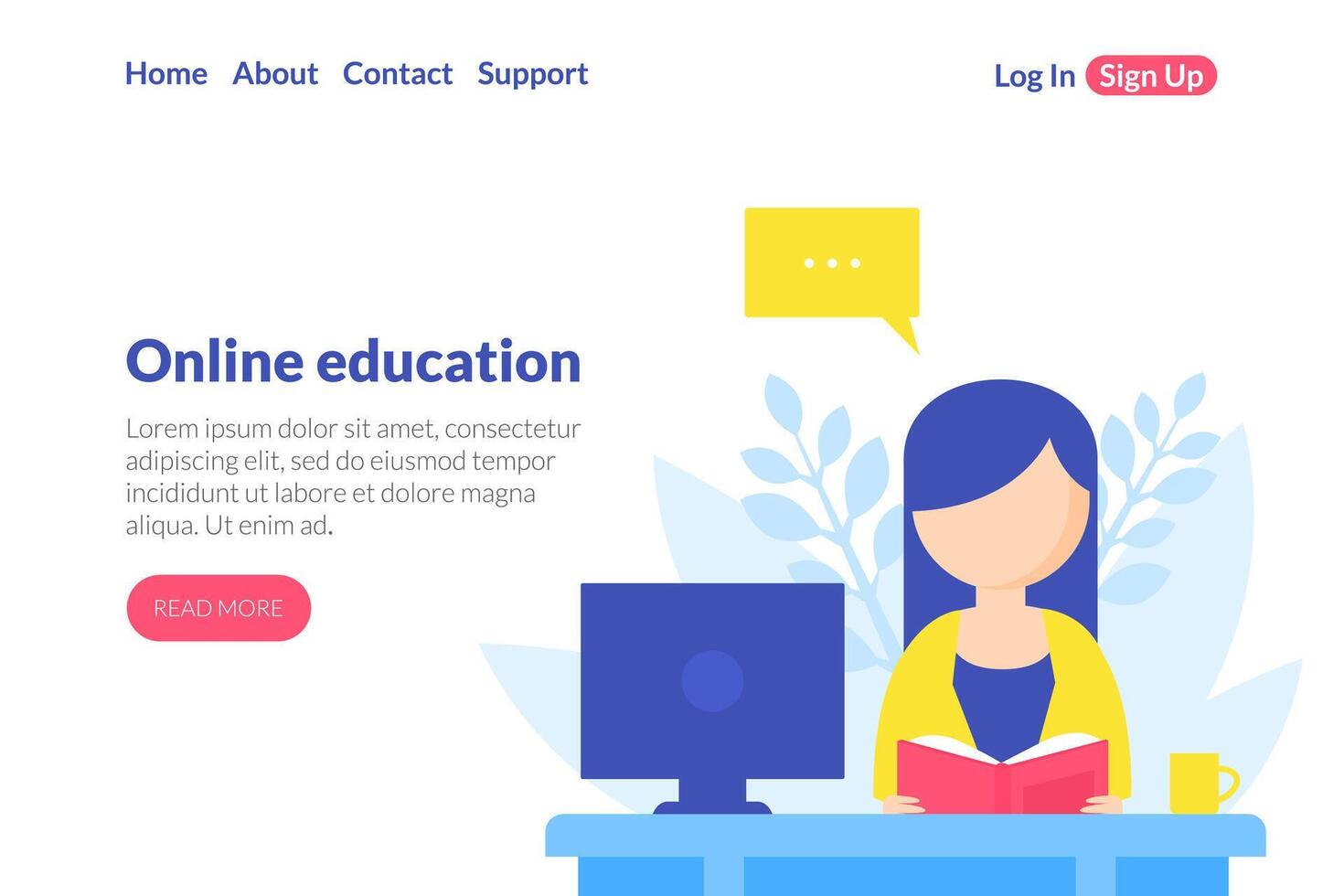Online Education Landing Page Template, Distance Course, Student Girl Sitting at Desk and Reading Book Flat Illustration vector