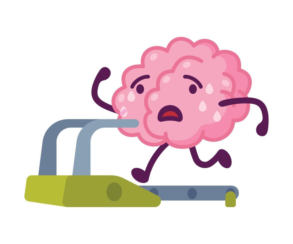 Pink Brain Running on Treadmill, Funny Human Nervous System Organ Cartoon Character Illustration on White Background vector