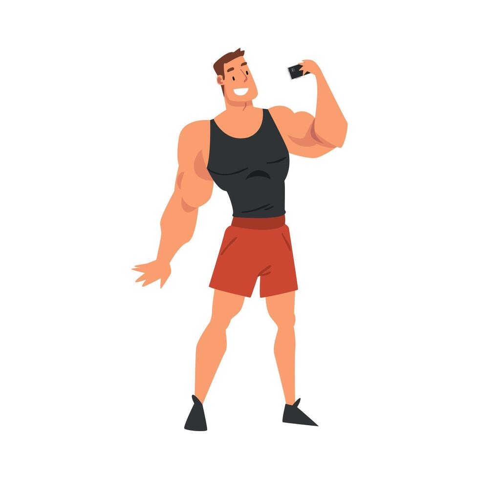 Athlete Muscular Man Taking Selfie Photo, Male Character Photographing Himself with Smartphone Cartoon Illustration on White Background. vector