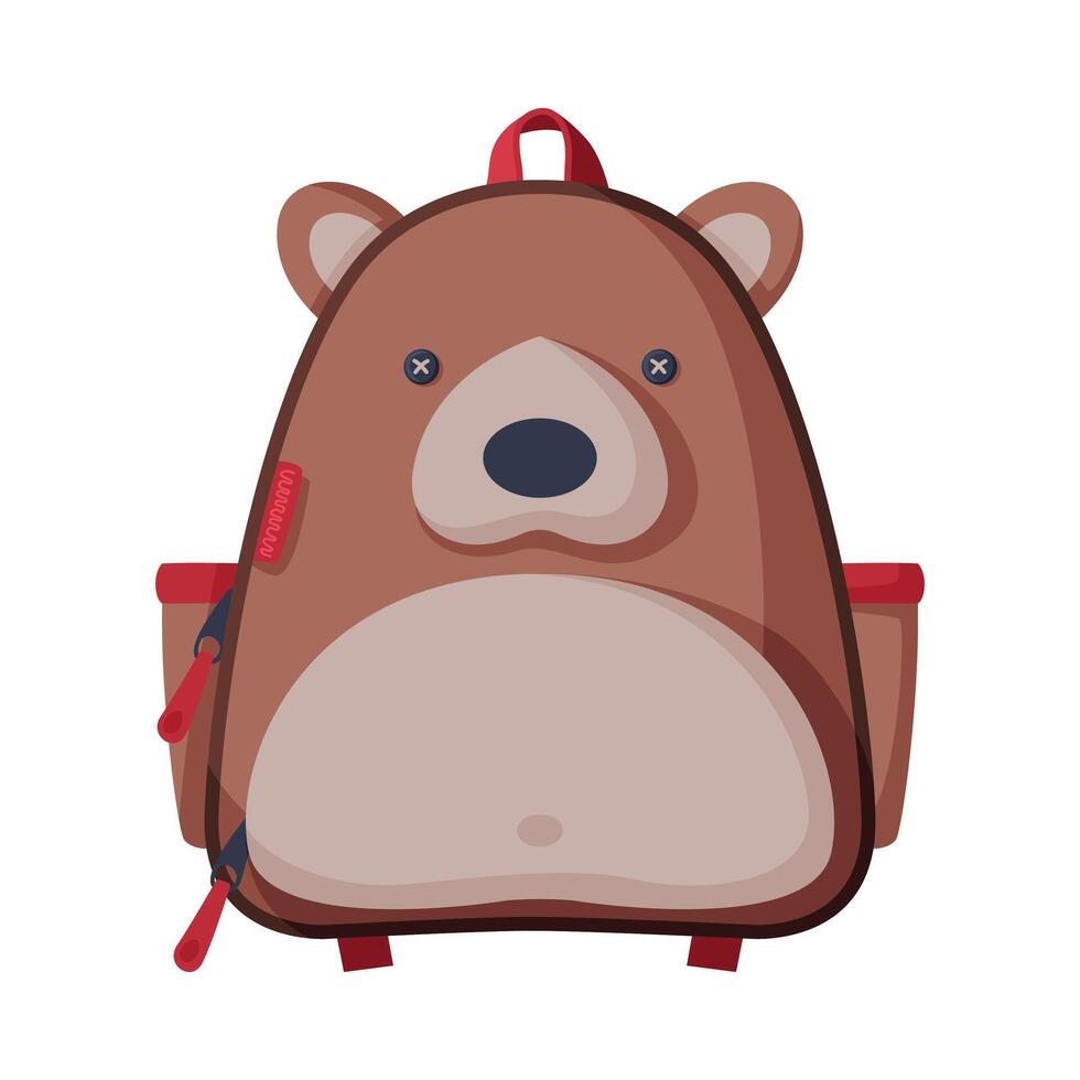 Bear Shaped Childish Backpack, Front View of School Children Rucksack Flat Style Illustration on White Background vector