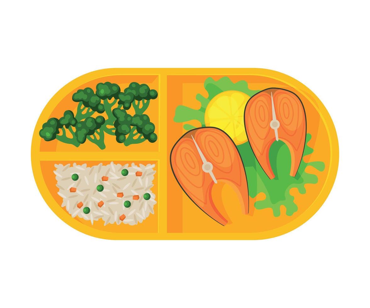 Meal Tray Filled with Salmon Fish, Broccoli and Rice, Healthy Food For Kids And Students, View from Above Flat Illustration vector