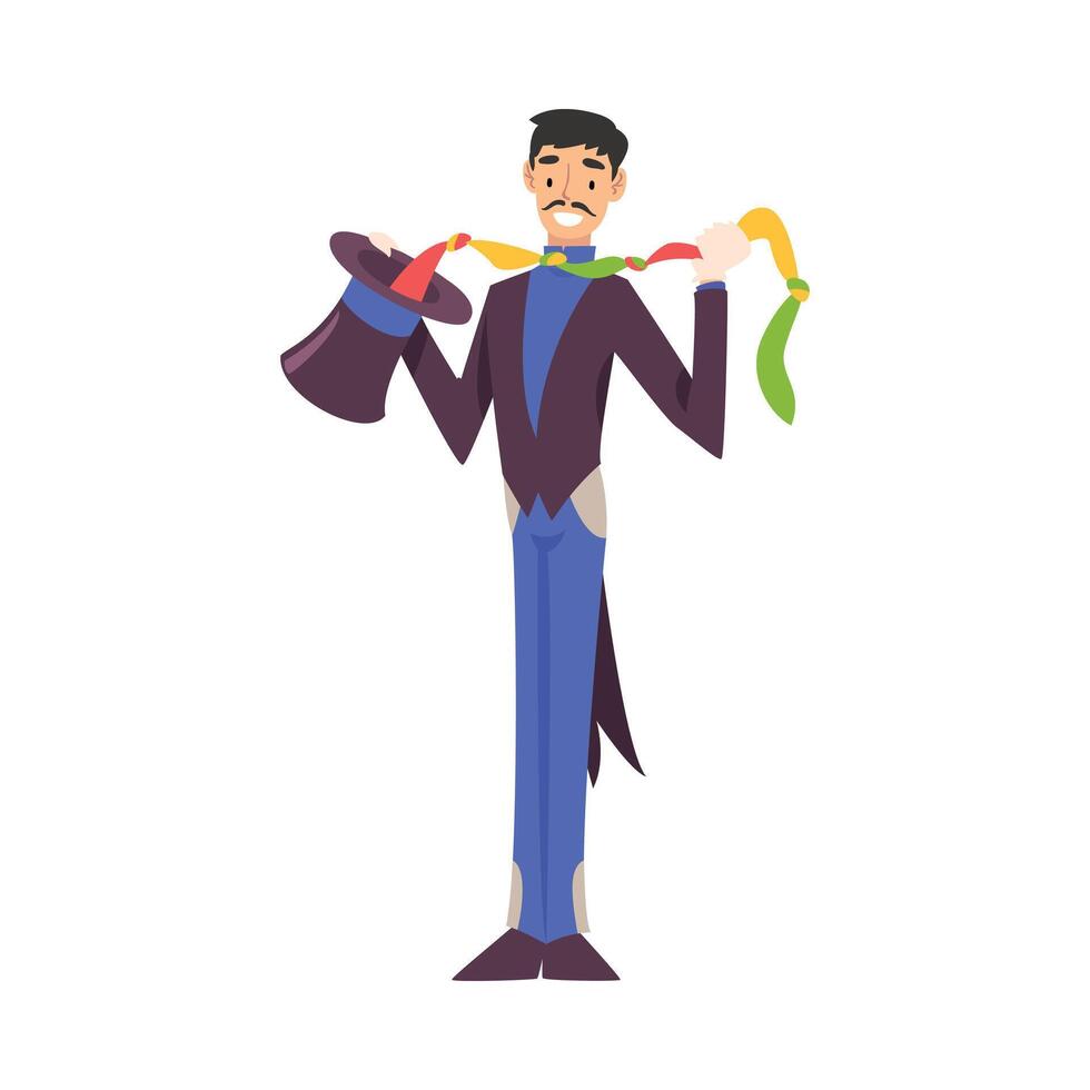 Magician Doing Tricks with Handkerchief, Illusionist Character in Tailcoat and Top Hat Performing at Magic Show Cartoon Style Illustration vector