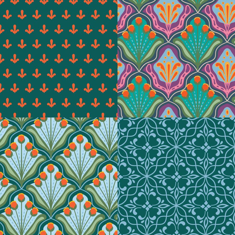 Art Deco seamless pattern set. shape geometric azulejo Majolica motif texture collection vector