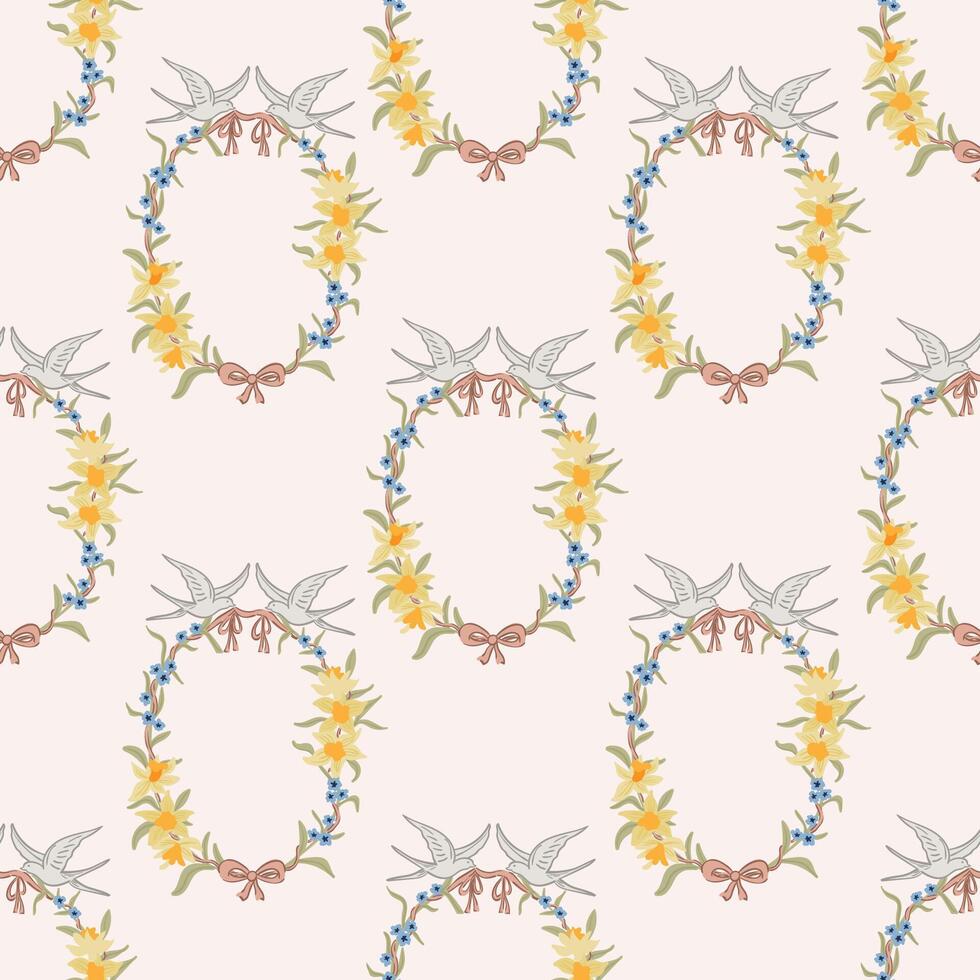 Preppy Rustic Wreath with Flowers daffodil bouquet, birds, bows Branch spring seamless pattern vector