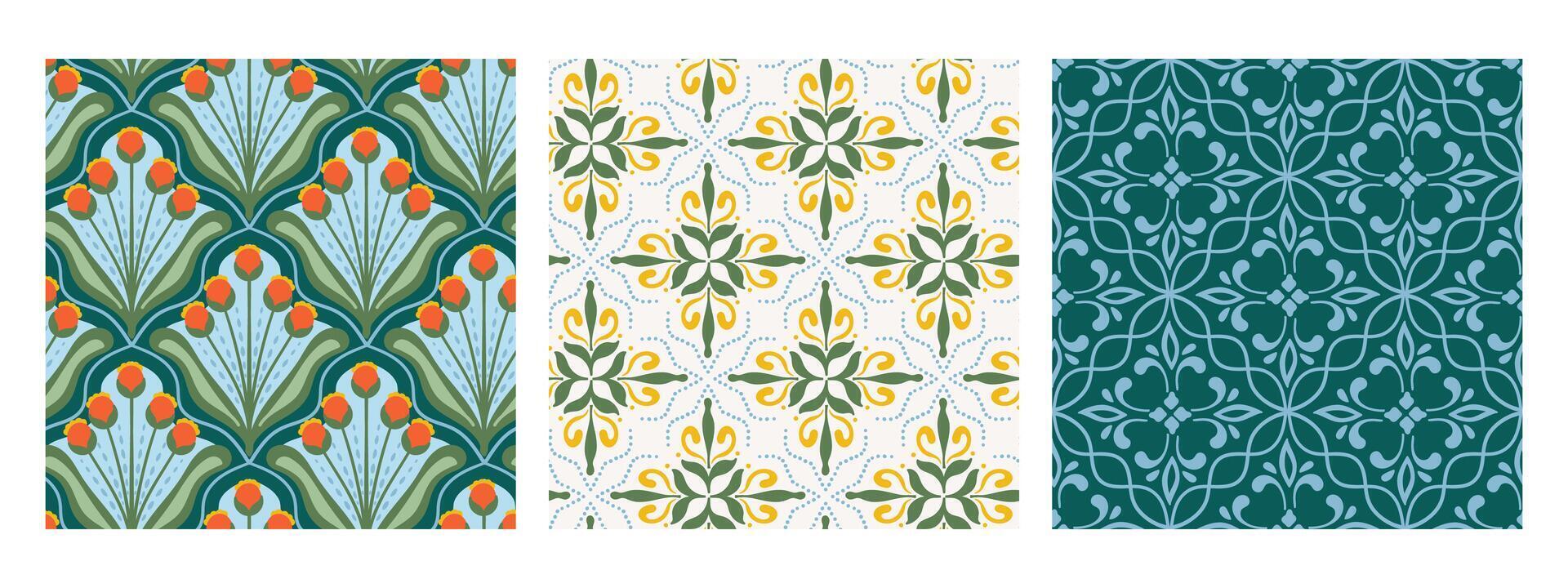 Art Deco seamless pattern set abstract shape geometric azulejo Majolica motif texture collection vector
