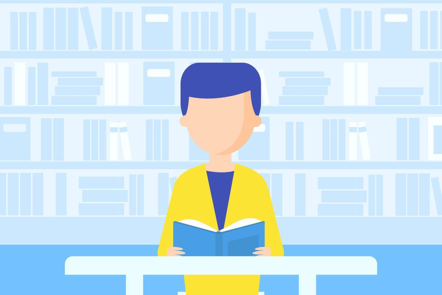 Man Sitting at Desk and Reading Book, Bookstore or Library with Bookshelves Flat Illustration vector