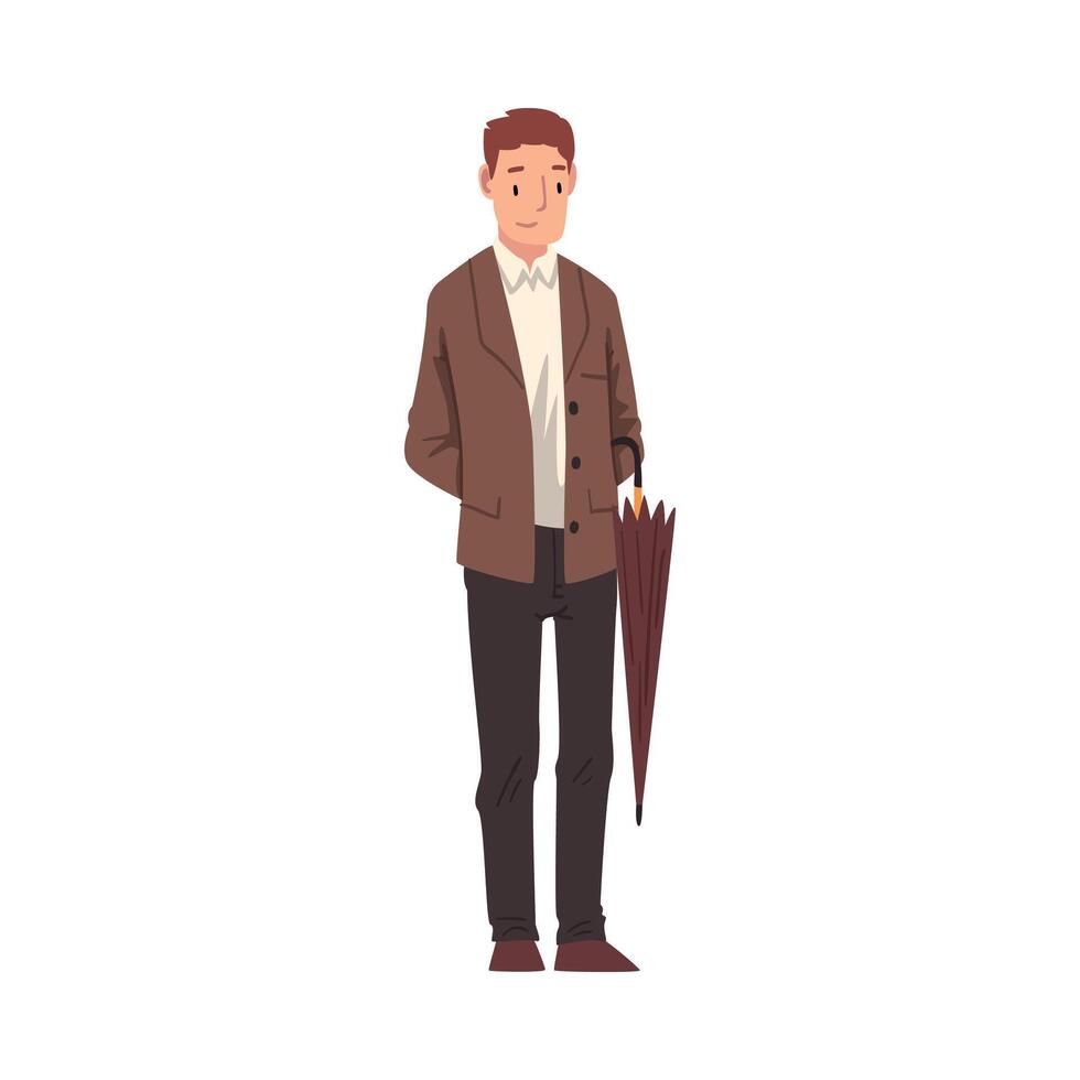 Man in Brown Suit Standing with Umbrella, Businessman Spending Time in Expectation Cartoon Illustration vector