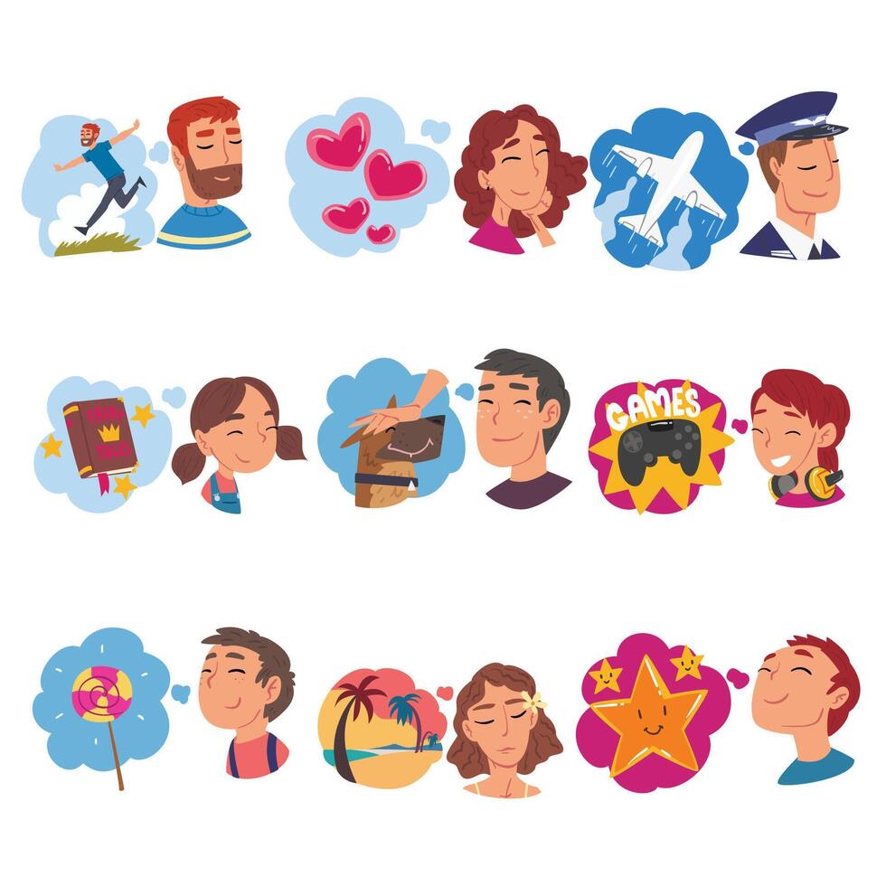 Human Thoughts and Needs Set, People Dreaming about Various Things Cartoon Style Illustration on White Background vector