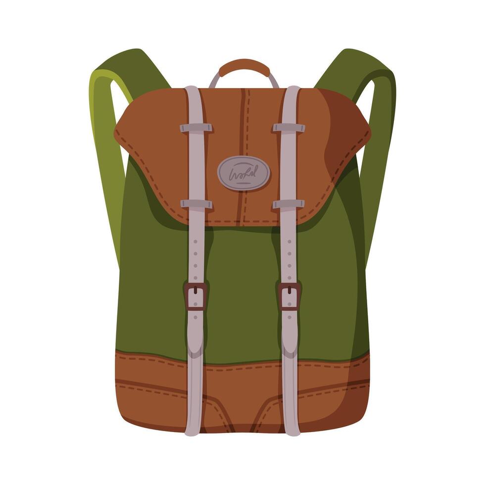 Green and Brown Backpack, Front View of Schoolbag or Camping Knapsack Flat Style Illustration on White Background vector