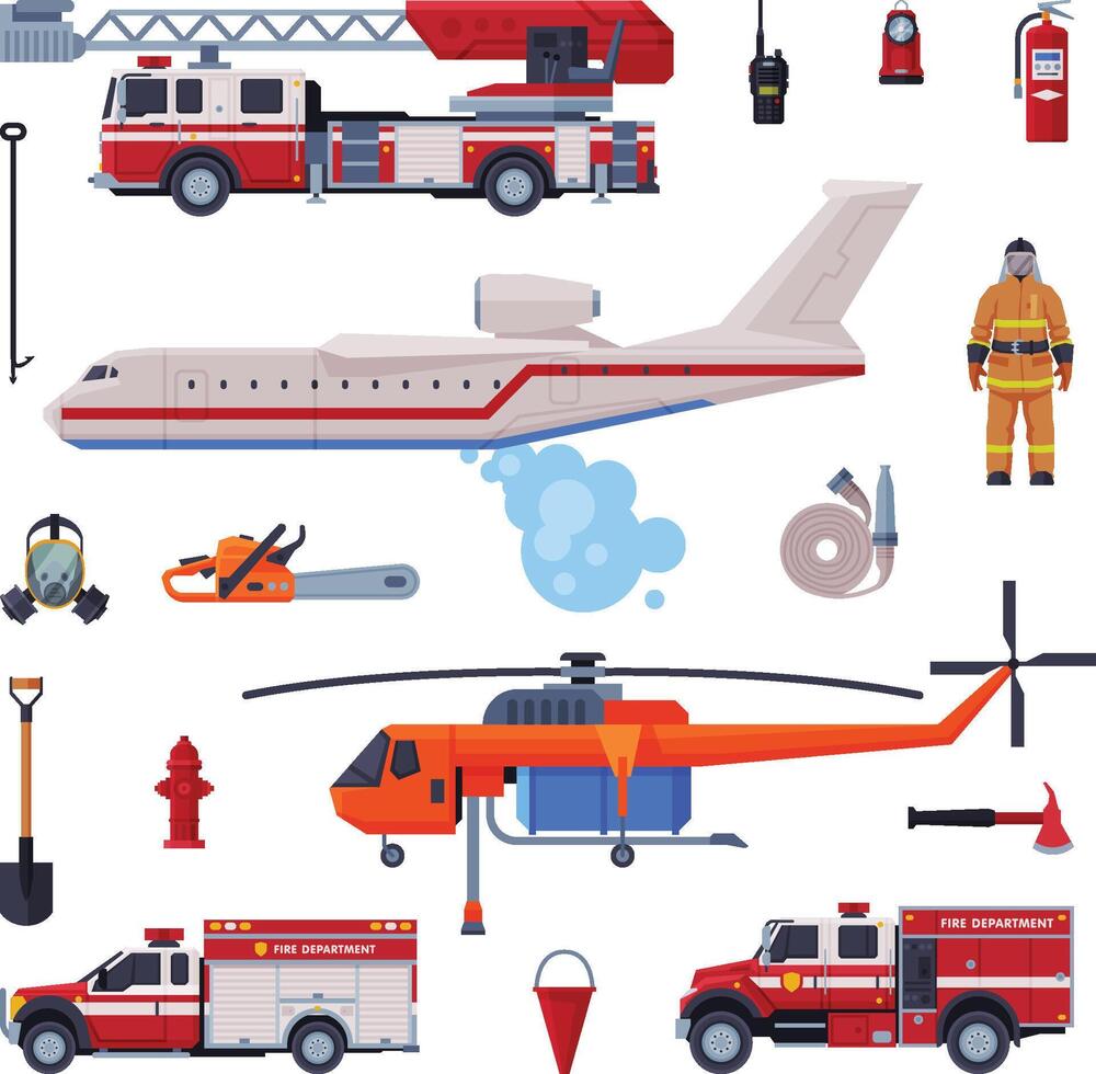Fireman Equipment Collection, Firefighting Tools and Emergency Service Rescue Vehicles Flat Style Illustration on White Background vector