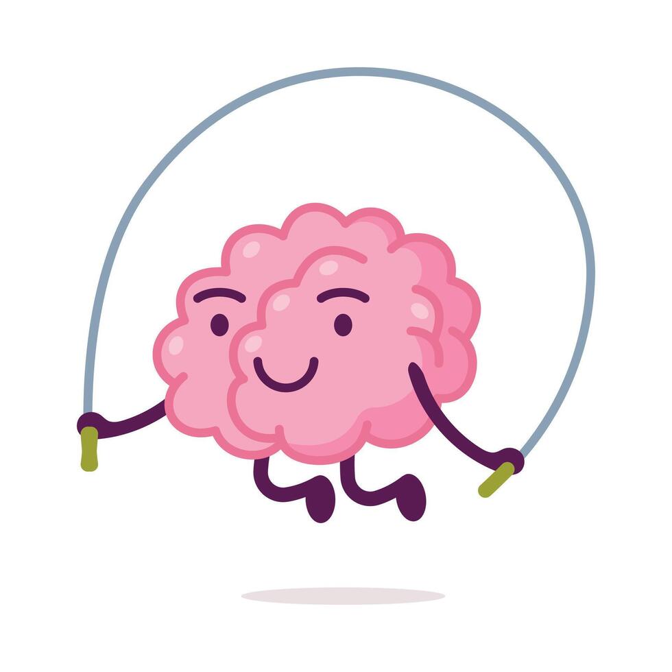 Cute Pink Brain Jumping Rope, Funny Human Nervous System Organ Cartoon Character Illustration on White Background vector