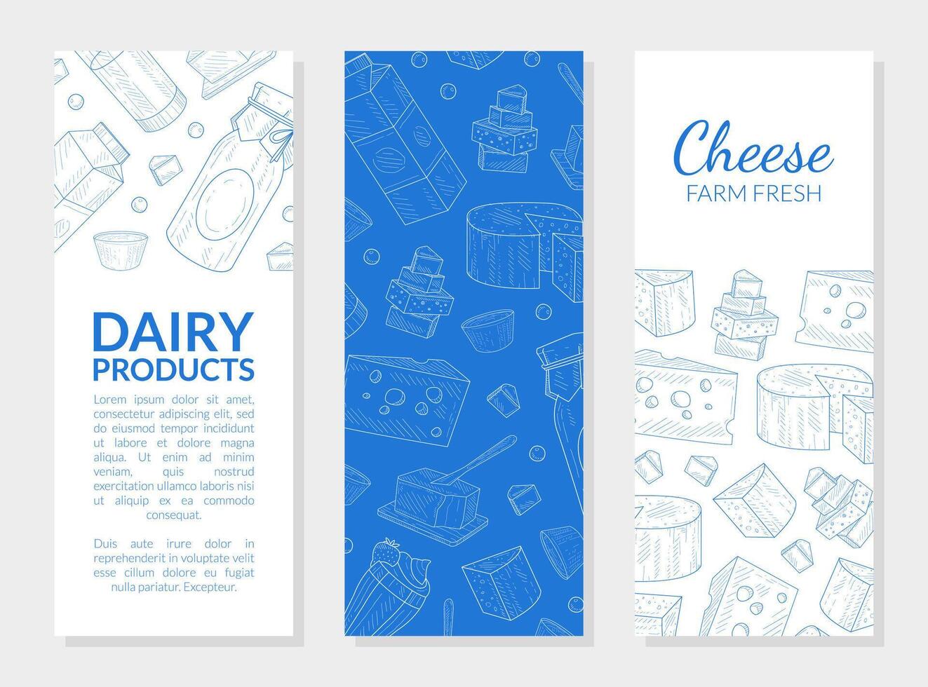 Dairy Products Banner Template with Farm Fresh Cheese Seamless Pattern Hand Drawn Illustration vector