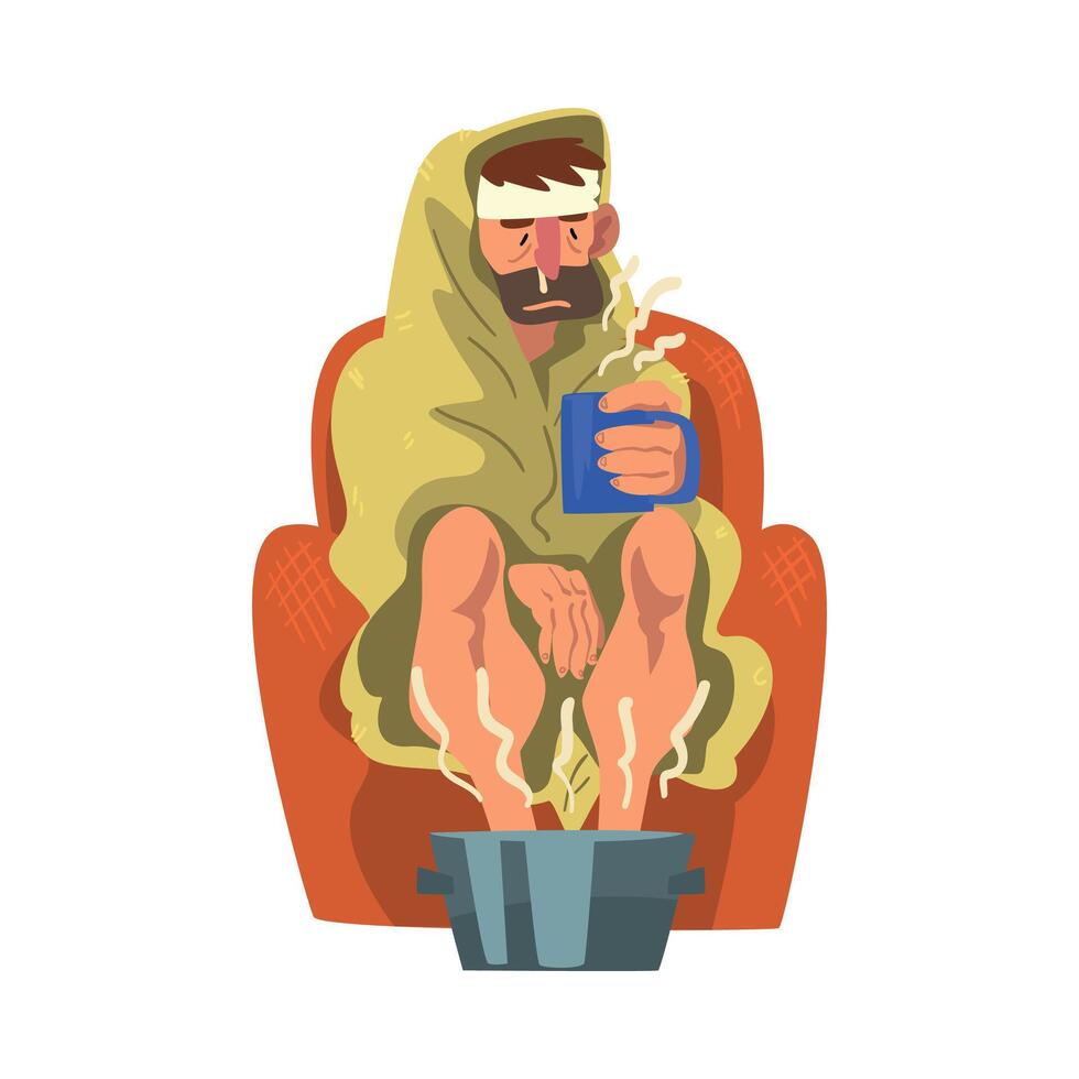 Sick Man with Runny Nose and Headache, Guy with Mug in his Hands Heating his Feet in Basin with Hot Water Cartoon Illustration vector