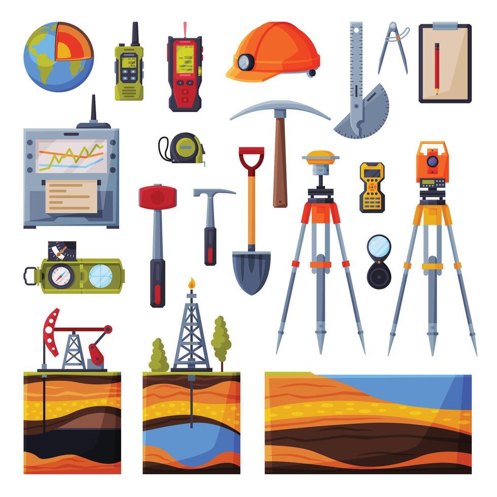 Geodesy Equipment Collection, Geodetic Engineering or Construction Instruments and Devices Flat Style Illustration vector