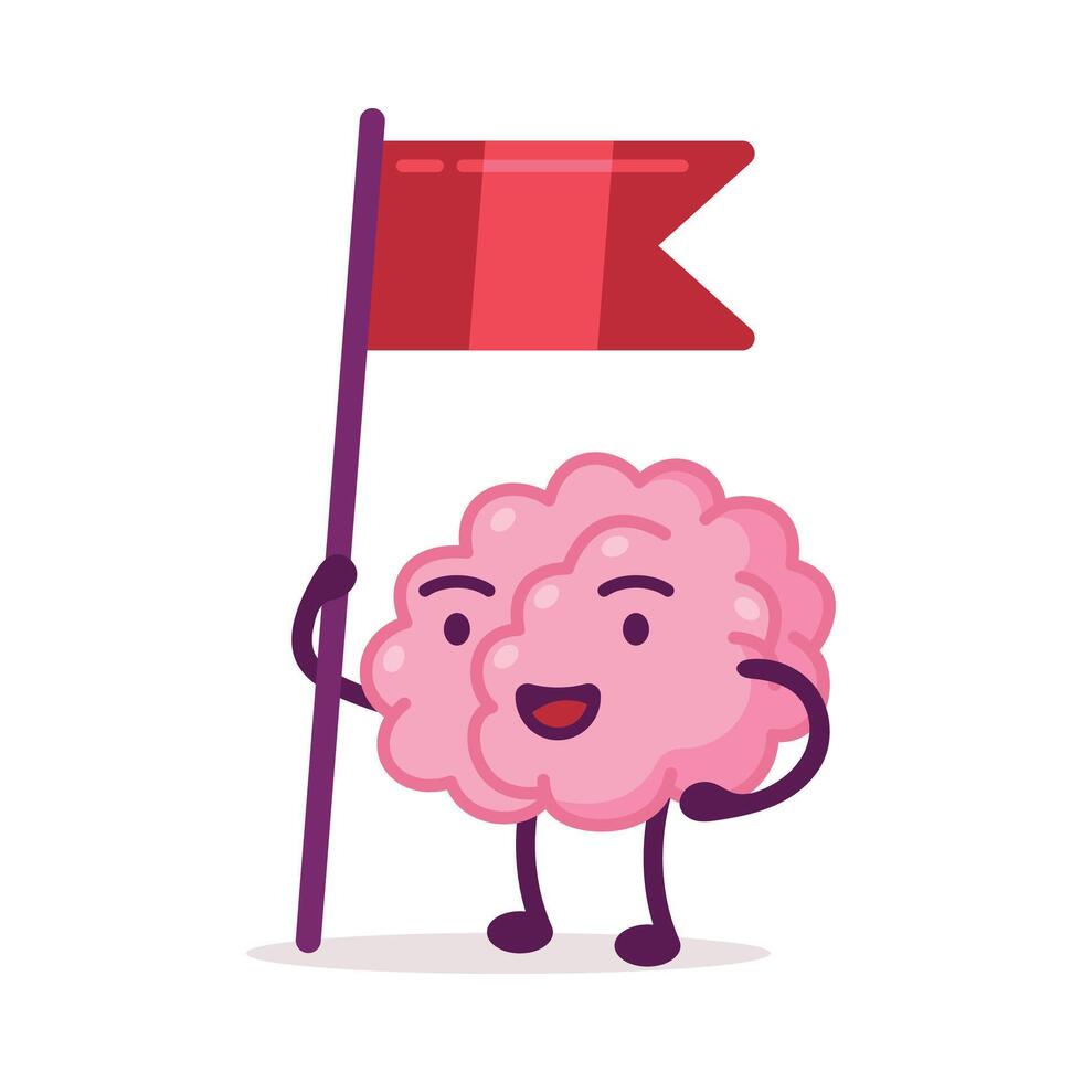 Pink Brain Standing with Red Flag, Funny Human Nervous System Organ Cartoon Character Illustration on White Background vector