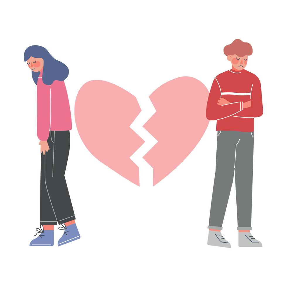 Sad Young Man and Woman with Broken Heart, Breakup, Divorce, Unrequited Love Illustration vector