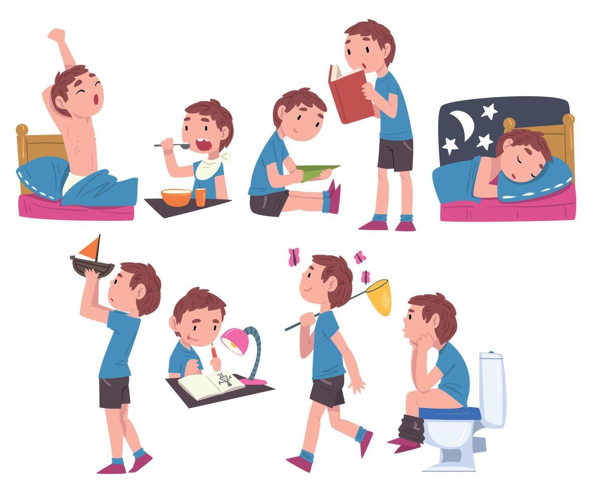 Cute Boy Daily Routine Activities Set, Child Waking Up, Eating Breakfast, Playing with Toys, Reading Book, Peeing, Sleeping at Night Cartoon Style Illustration vector