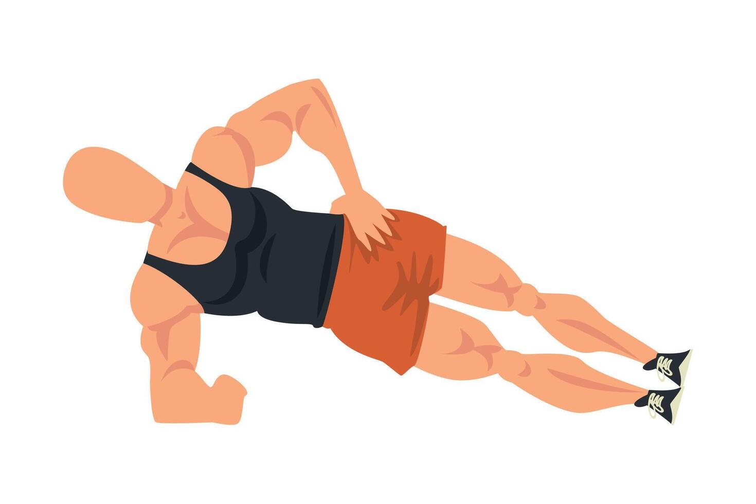 Man Doing Side Plank, Side View of Male Athlete Doing Sports for Fit Body, Buttock Workout Illustration on White Background vector