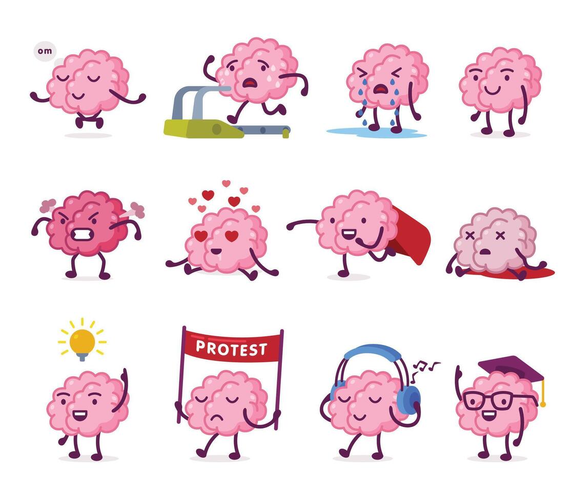 Pink Humanized Brain with Various Emotions Set, Funny Human Nervous System Organ Cartoon Character in Different Situations Illustration on White Background vector