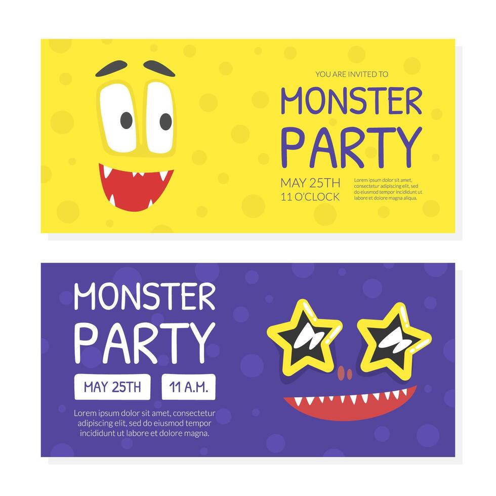 Monster Party Invitation Card Templates Set, Halloween Celebration, Birthday Party Banner, Poster, Flyer with Cute Funny Monsters Illustration vector
