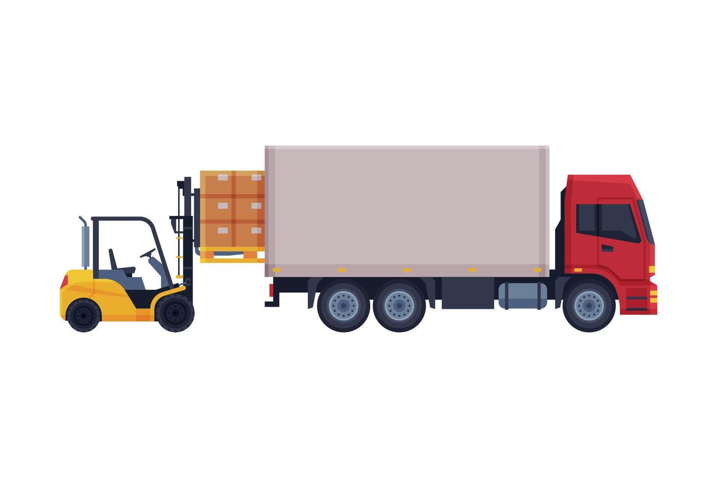 Forklift Truck Loading Cardboard Boxes in Delivery Truck Illustration on White Background vector