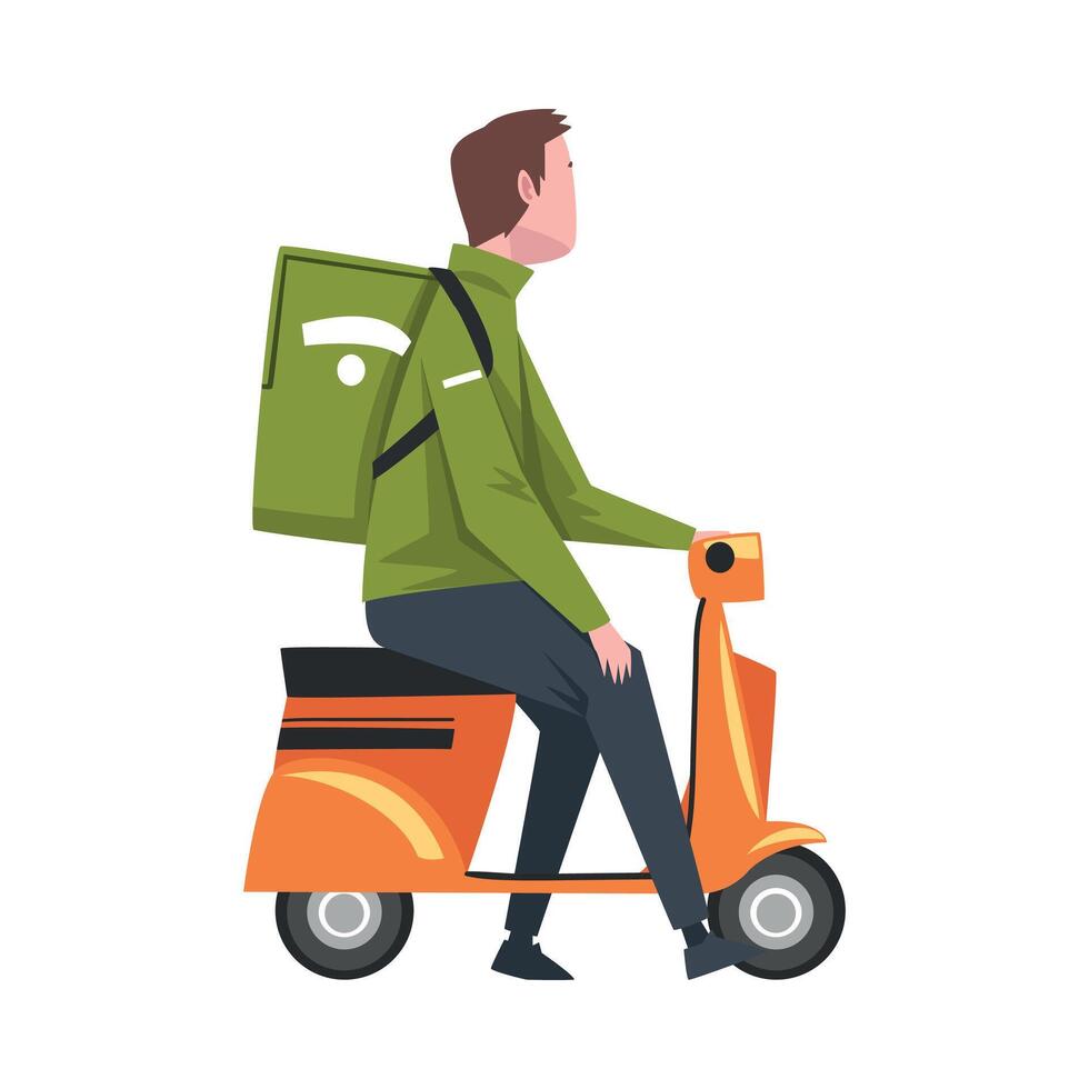 Male Courier Riding Scooter Motorcycle with Green Parcel Box on the Back, Delivery Food Service, Fast Shipping Cartoon Illustration vector