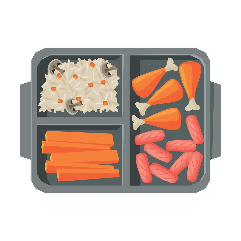 Meal Tray Filled with Chicken Drumsticks, Sausages and Rice, Food For Kids And Students, View from Above Flat Illustration vector