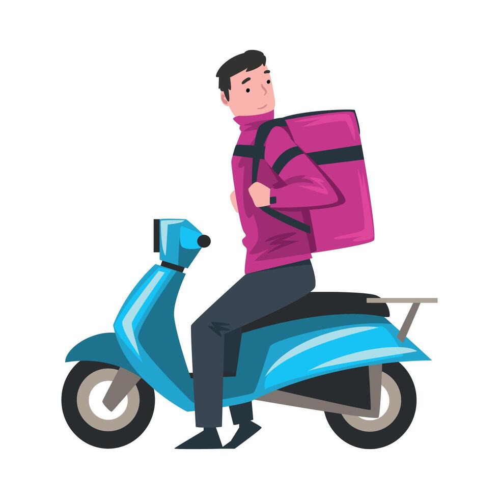 Delivery Man Riding Blue Scooter with Parcel Box on the Back, Delivery Food Service, Fast Shipping Cartoon Illustration vector