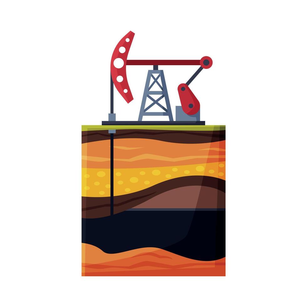 Oil Pump Jack Pumping Oil out of Borehole, Oil Industry Production Equipment Flat Style Illustration on White Background vector