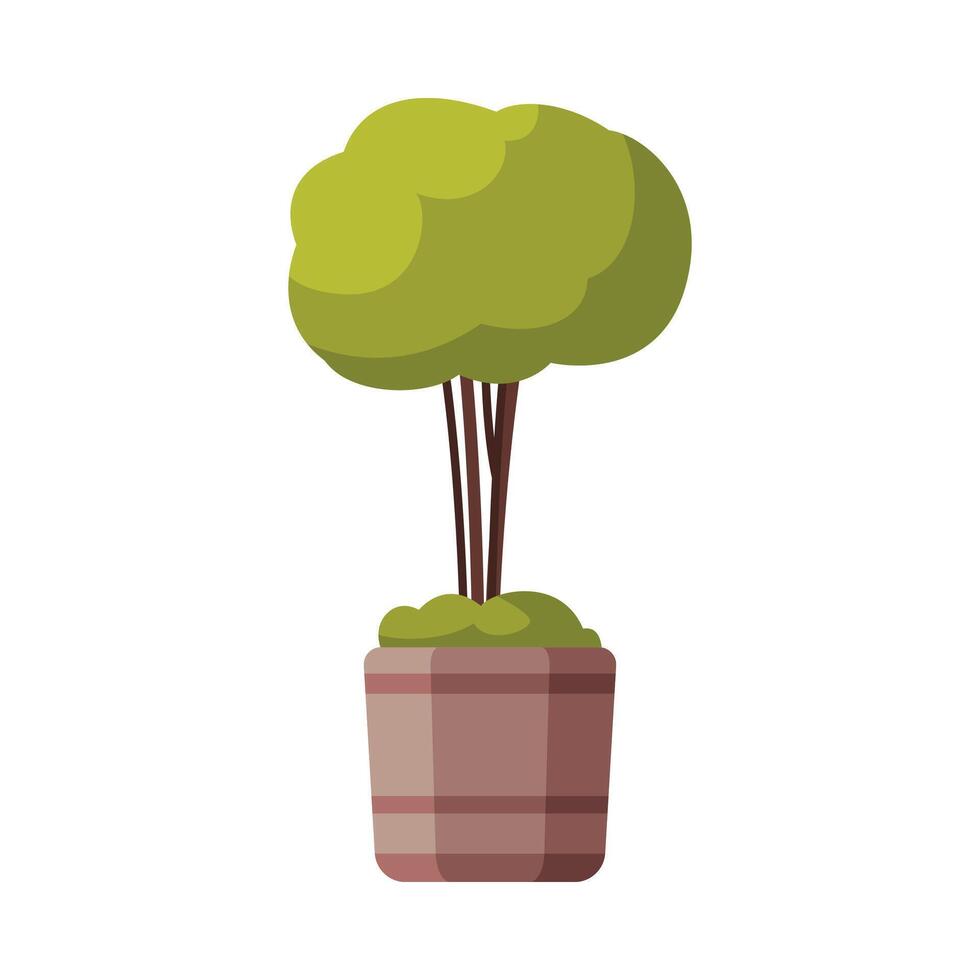 Decorative Tree in Flowerpot, Green Potted Plant Flat Style Illustration on White Background vector