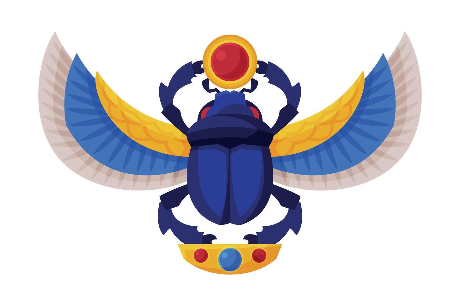 Egyptian Scarab Beetle with Wings and Sun, Symbol of Pharaoh and God Ra Flat Style Illustration on White Background vector
