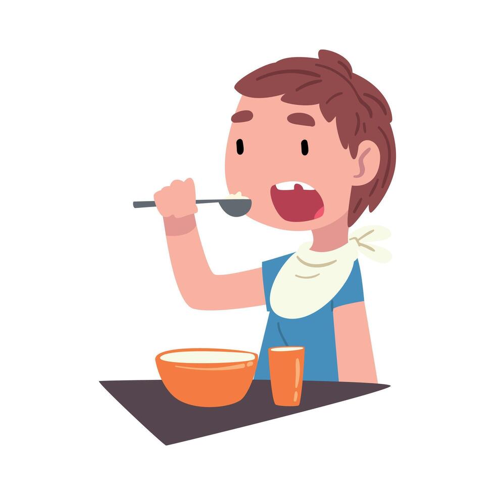Boy Eating Breakfast at the Table, Cute Child Daily Routine Activity Cartoon Style Illustration on White Background vector