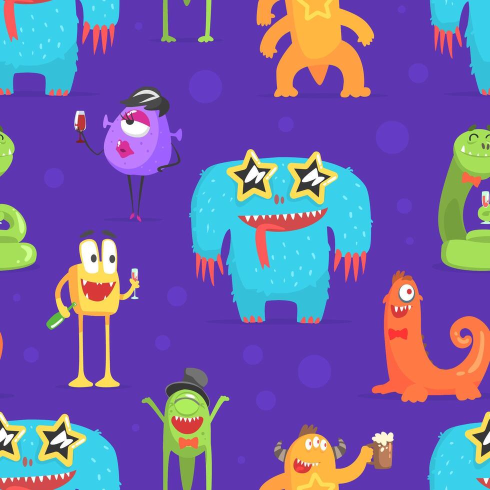 Cute Funny Monsters Characters Seamless Pattern, Cheerful Friendly Fantastic Creatures, Design Element Can Be Used for Wallpaper, Packaging, Background Illustration vector