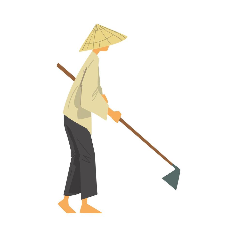 Asian Farmer in Straw Conical Hat Working with Hoe Cartoon Style Illustration on White Background vector