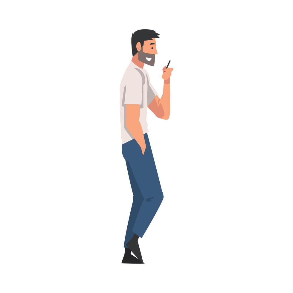 Bearded Man Walking Outside, Guy Looking at His Smartphone, Person Using Digital Gadget for Online Communication Illustration vector