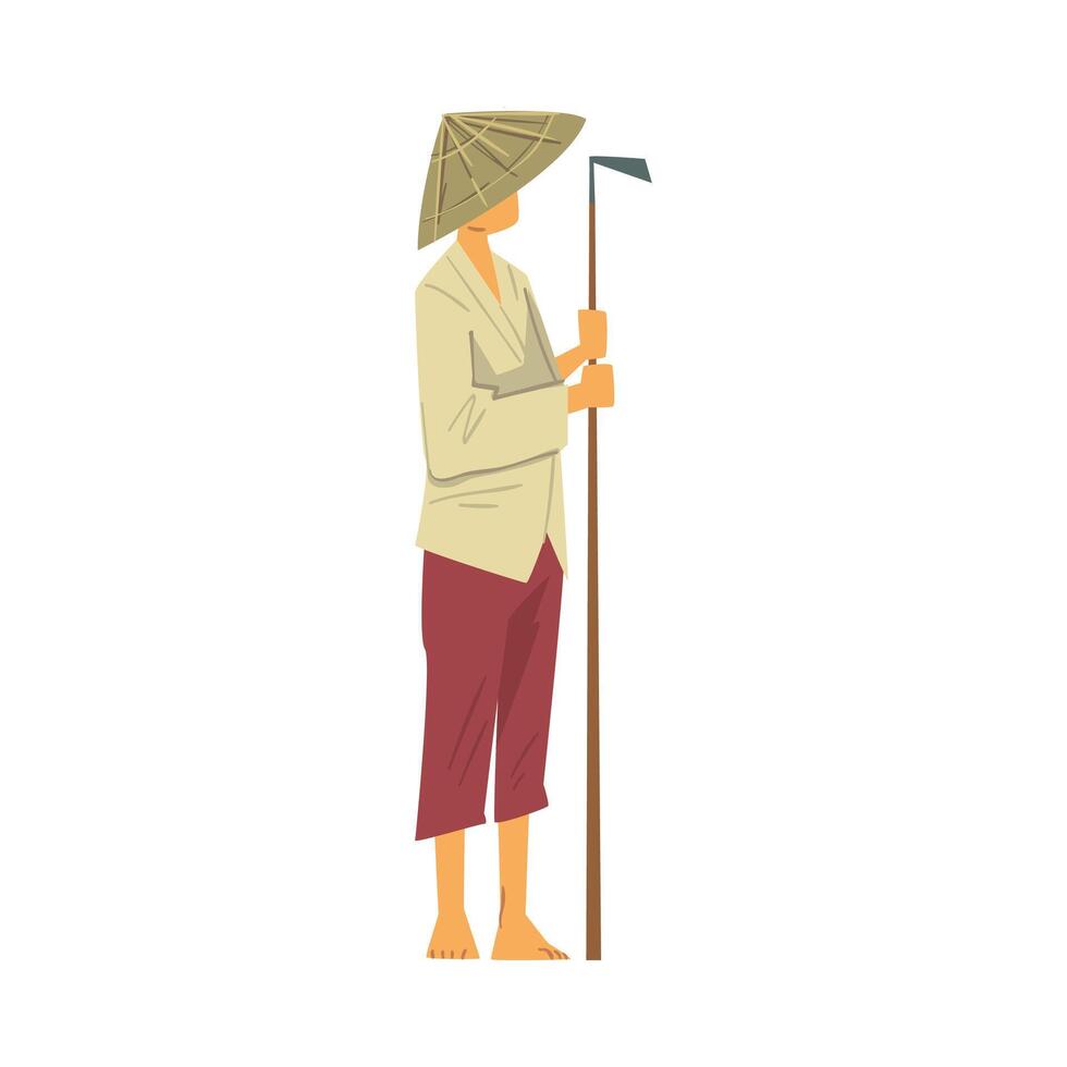 Asian Farmer in Straw Conical Hat Standing with Hoe Cartoon Style Illustration on White Background vector