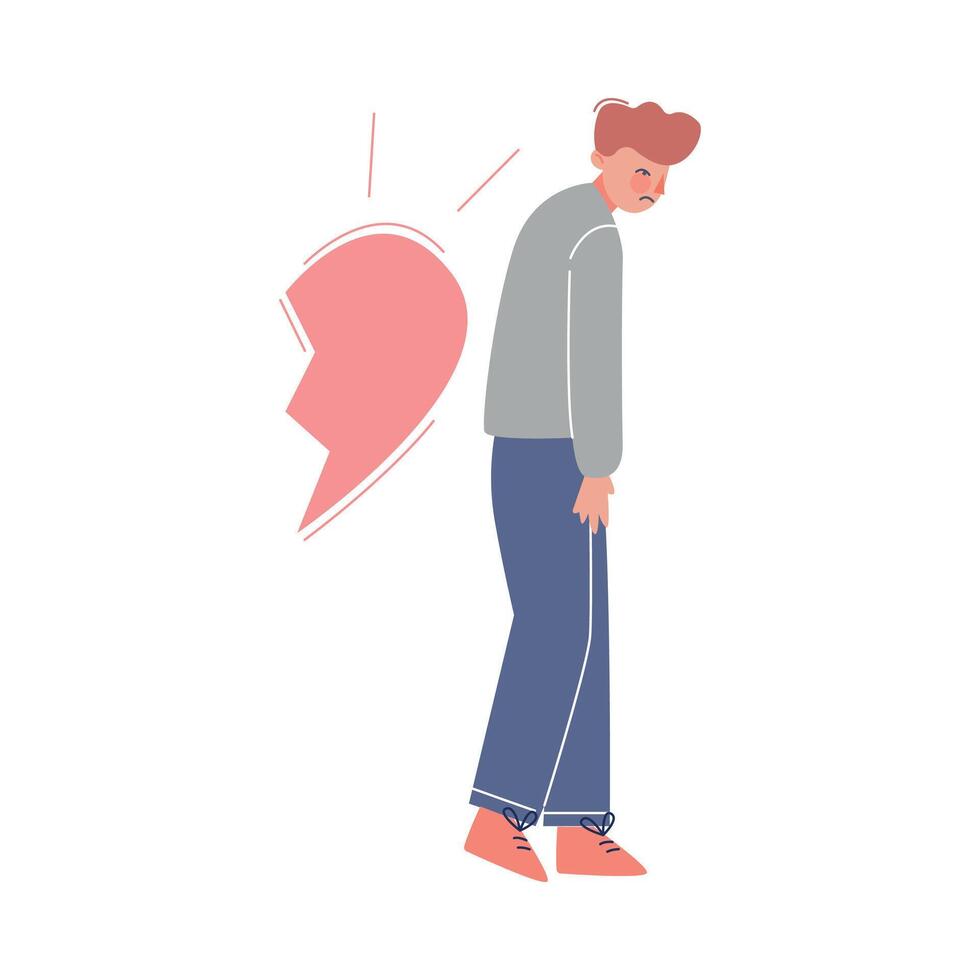 Upset Young Man with Part of Broken Heart, Breakup, Divorce Illustration vector