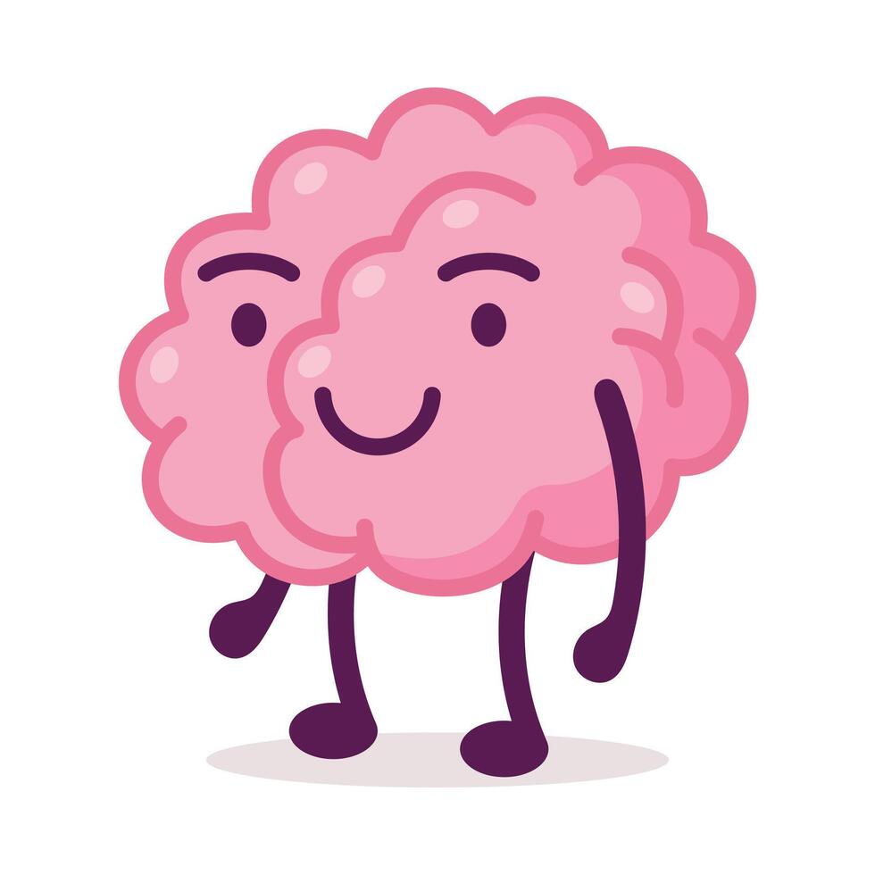 Cheerful Smiling Pink Brain, Funny Human Nervous System Organ Cartoon Character Illustration on White Background vector