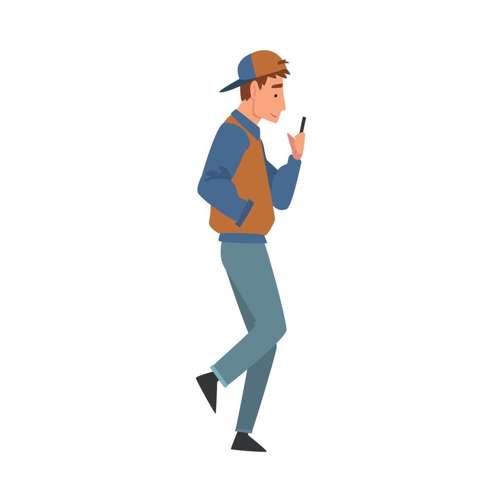 Teen Boy Walking Outside, Guy Looking at His Smartphone, Person Using Digital Gadget for Online Communication Illustration vector