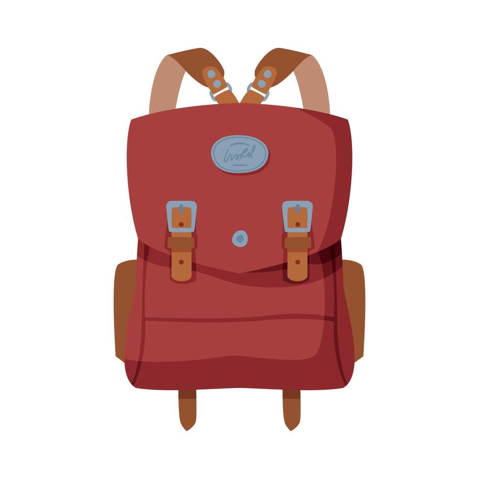 Brown Knapsack, Front View of Travel Bag for Backpacking Flat Style Illustration on White Background vector