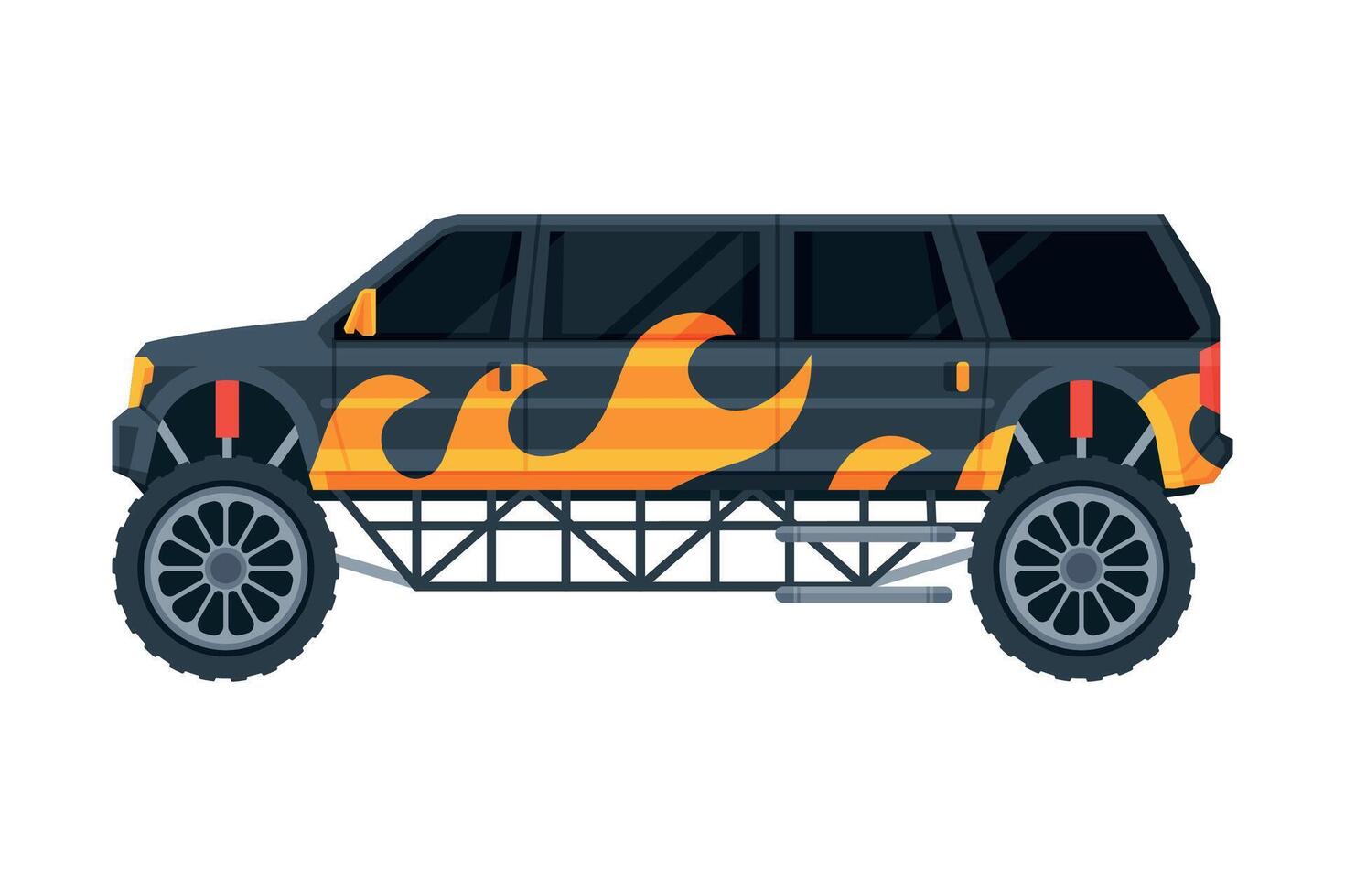 Black Limousine Car Painted with Flame, Elegant Premium Luxurious Vehicle, Side View Flat Illustration vector